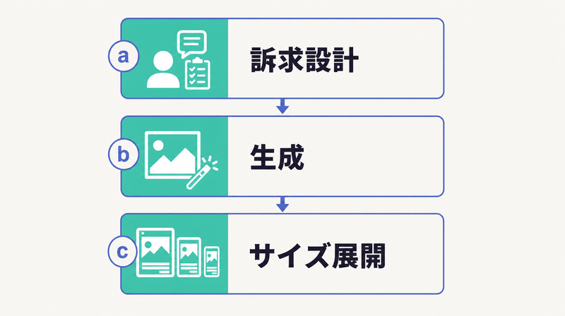 自動生成が指す3つの範囲(訴求設計・生成・サイズ展開)を示した図