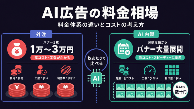 外注の高い1枚単価とAI内製の枚あたり数十円の量産を対比しAI広告の料金相場を示すストラクチャー型サムネイル