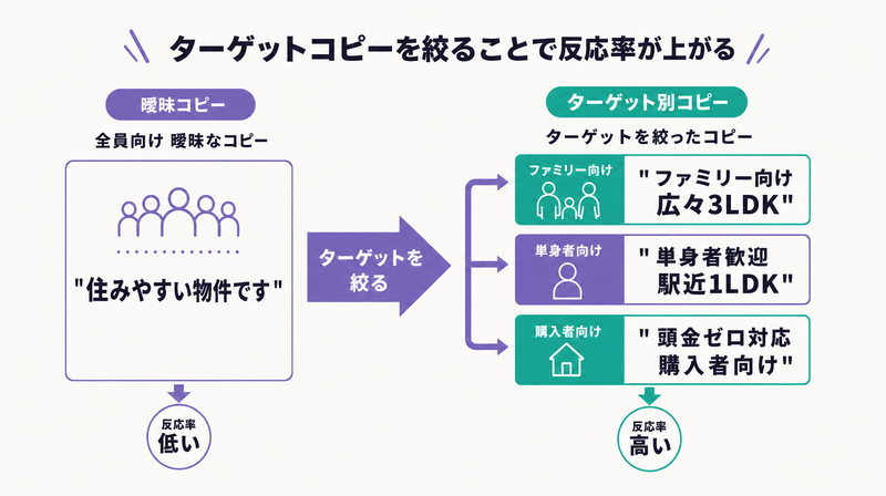 不動産バナーコピーのターゲット絞り込み(曖昧→ターゲット別具体コピー)の概念図