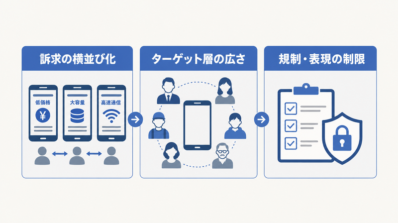格安SIM広告が難しい3つの構造的課題を示す図