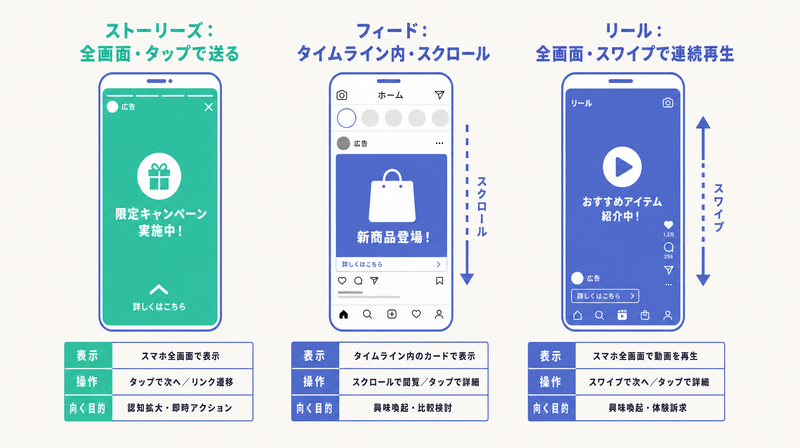 ストーリーズ・フィード・リールの表示と操作の違いを3つのスマホ枠で横並び比較した図
