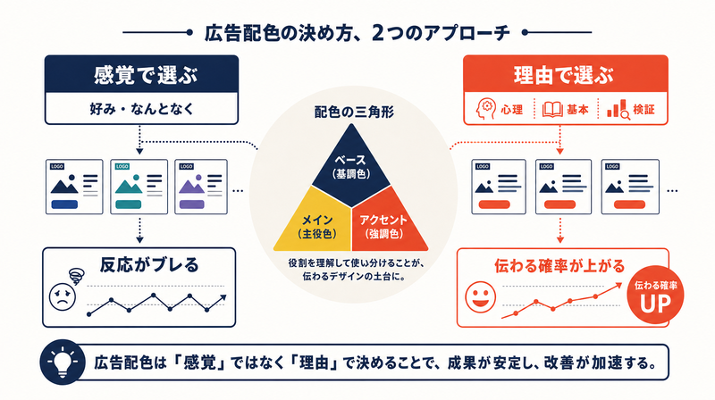 感覚で選ぶ配色と理由で選ぶ配色を対比した概念図