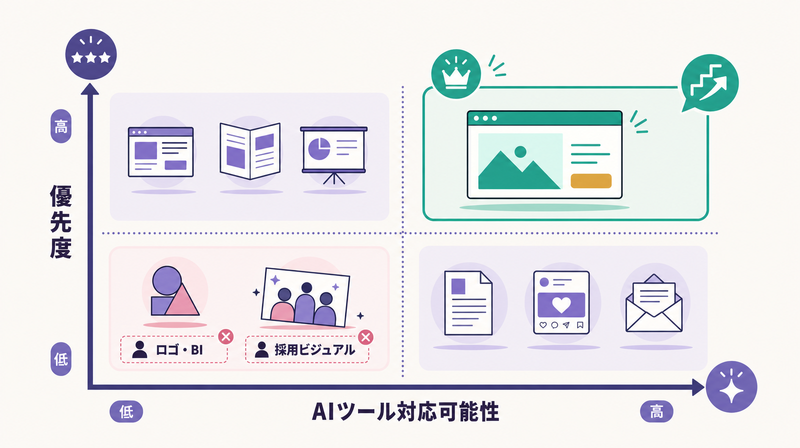 デザイン内製化の範囲選定マトリクス：広告バナーをファーストステップとして選ぶ理由