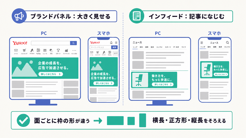 大きく見せるブランドパネル面と記事になじむインフィード面を対比し複数比率のバナーをそろえる必要を示す図