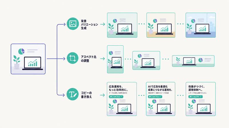 Meta Advantage+が1枚の画像から背景生成・比率調整・コピー書き換えで複数の広告バージョンを作る図