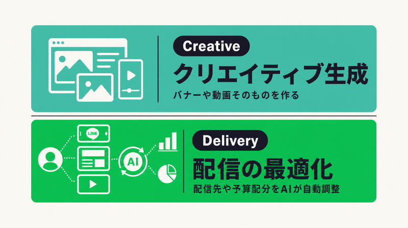 LINE広告AI活用を「クリエイティブ生成」と「配信の最適化」の2層で示した概念図