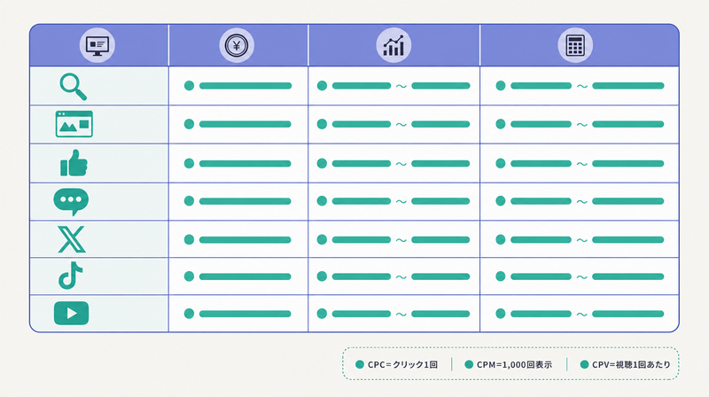 媒体別の課金方式・CPC/CPM・月額目安をまとめた費用相場の早見表