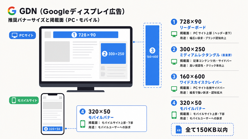 GDN推奨バナーサイズ4種類(300×250・728×90・160×600・320×50)の配置図