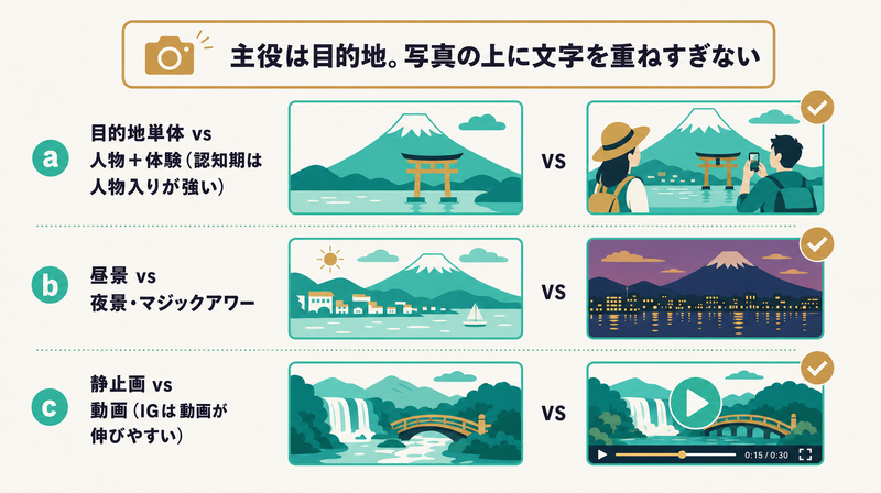 目的地単体と人物入り・昼景と夜景・静止画と動画の3つの対比でメインビジュアルの選び方を示す旅行バナーの図