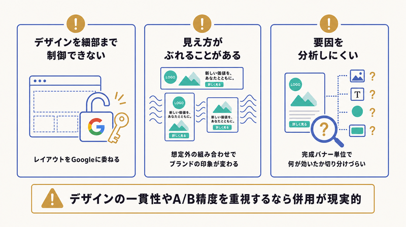 デザインを制御しにくい・見え方がぶれる・要因を分析しにくいというRDAの3つのデメリットを3カラムで示した図
