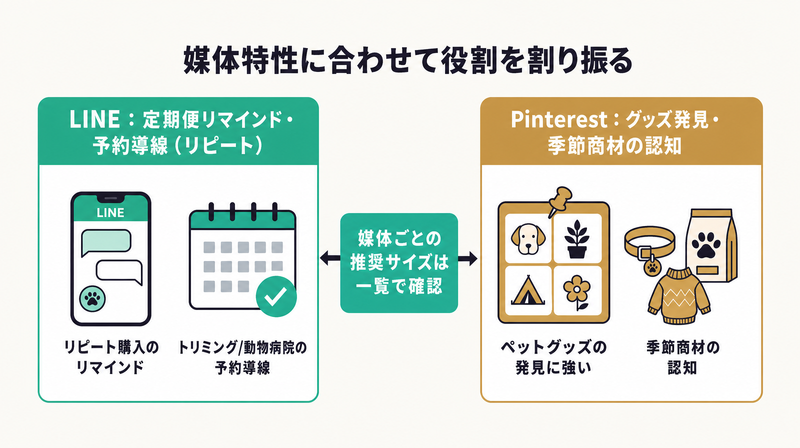 LINEはリピートと予約導線・Pinterestはグッズ発見と季節商材の認知という使い分けを示すその他配信面の図
