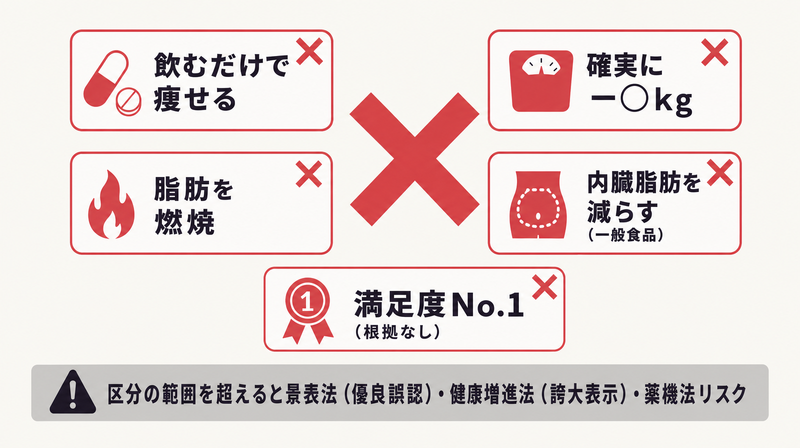 ダイエット広告で絶対NGとなる表現を並べた警告図