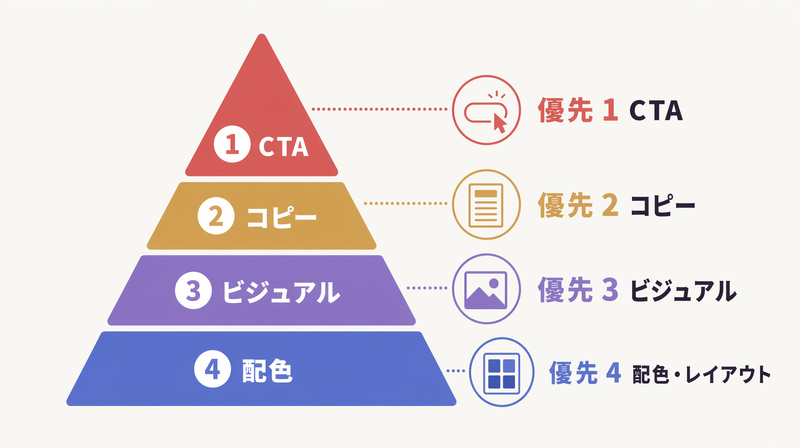 ABテストの優先順位（CTA→コピー→ビジュアル→配色）を示すピラミッド図