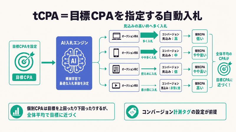 目標CPAを設定すると見込みの高いオークションへ多く入札し全体平均で目標に近づくtCPAの仕組み図