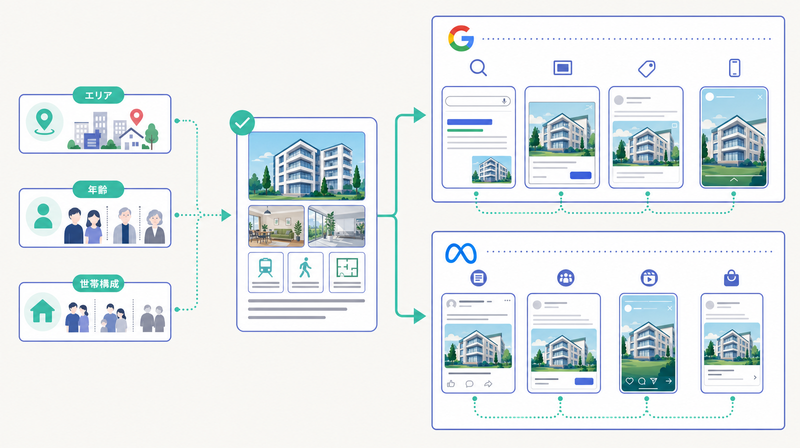 1つの素材セットがGoogleとMetaの各配信面へ自動で組み合わせ配信される様子を示す図