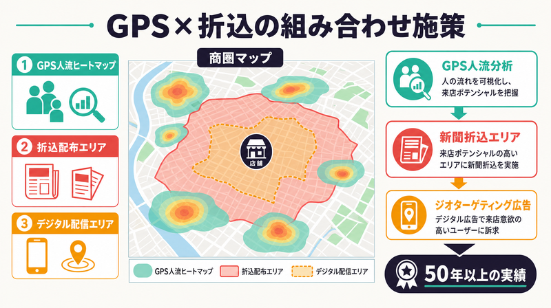 栃木オリコミのGPS人流分析×新聞折込×ジオターゲティング広告の組み合わせ施策図