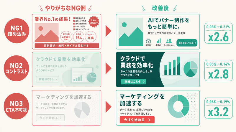 3つのNG例と改善後のCTR向上（2.6倍・2.8倍・3.2倍）を示す対比図
