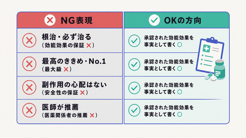 医薬品広告のNG表現(保証・最大級・安全性言い切り・医薬関係者推薦)とOKの方向を並べた対比表
