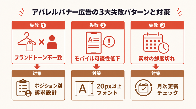 アパレルバナー広告の3大失敗(ブランドトーン不一致・可読性低下・素材の鮮度切れ)と対策を示す図