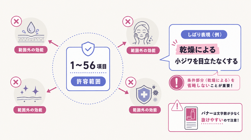 化粧品の効能効果は56項目の範囲内でしばり表現を省略しないことを示す図