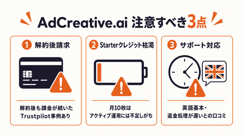 AdCreative.aiの注意すべき評判3点（請求トラブル・クレジット制限・サポート）の概念図