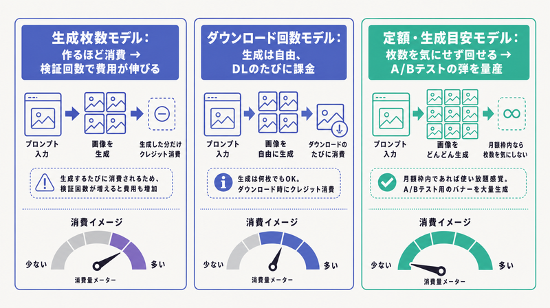 生成ごとに消費・ダウンロードで課金・定額で枚数を気にせず量産という1クレジットの意味の違いを3列で対比した図