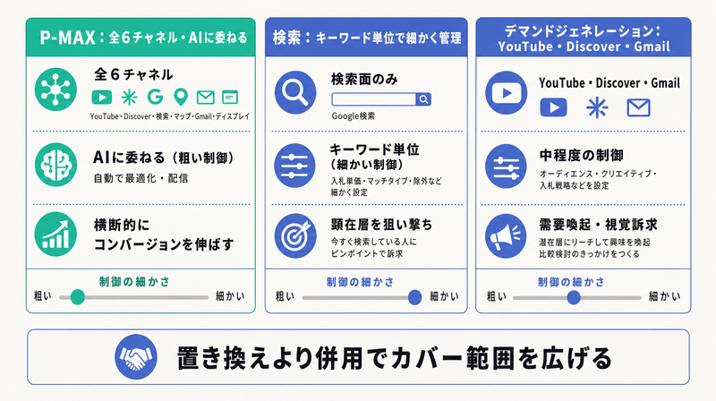 P-MAX・検索・デマンドジェネレーションを配信面と制御の細かさで比較し併用で使い分ける方針を示した図