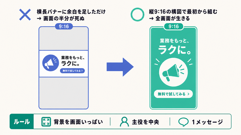 横長バナーの流用で余白が死ぬ例と縦9:16で1枚絵として組んだ例を左右で対比したストーリーズ設計図