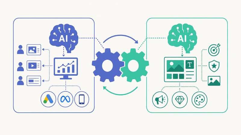 配信は媒体のAI、クリエイティブは制作のAIと役割を分けて組み合わせることを示す歯車の図