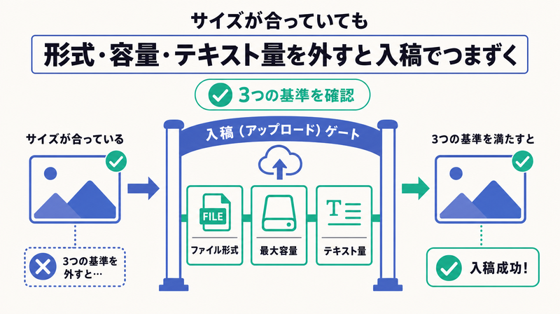 入稿ゲートを通すには形式・容量・テキスト量の3条件を満たす必要があることを示す入稿規定のコンセプト図