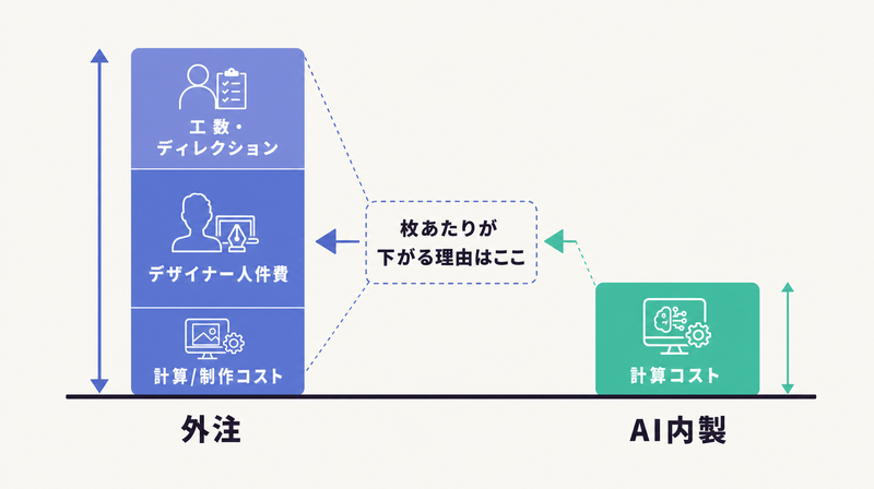 外注は人件費と工数が積み上がり、AI内製は計算コスト中心で安くなるコスト構造の違いを示した積み上げ対比図