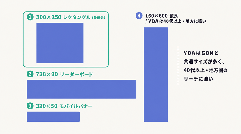 300×250・728×90・320×50・160×600を実寸比で並べYDAの特性を添えたGDNのバナーサイズ一覧図