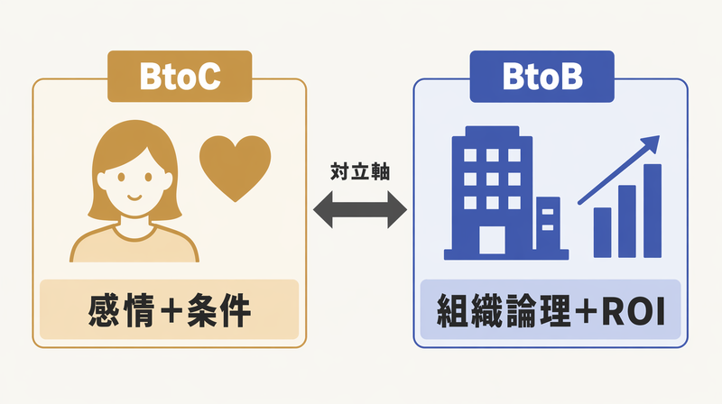 BtoC(感情・人物)とBtoB(論理・数字)のバナー設計思想を対比した図