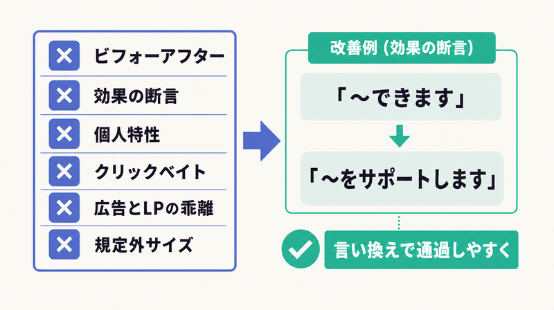 ビフォーアフターや効果の断言などのNGパターン一覧と効果の断言を言い換えで通過させる改善例の図