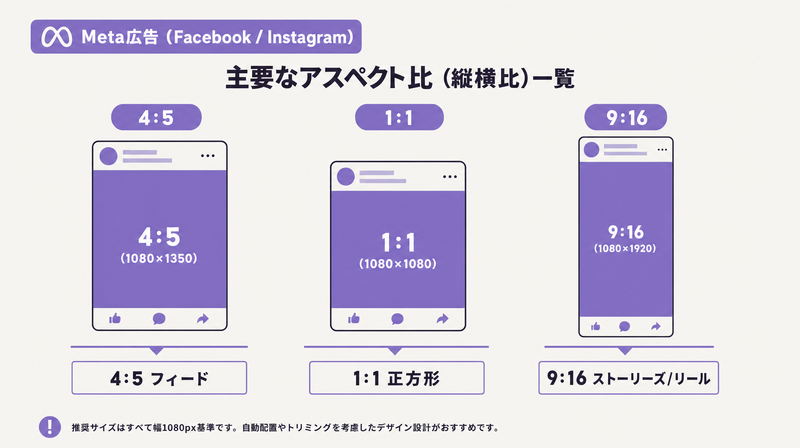 Meta広告の縦横比(4:5・1:1・9:16)を整理したビジュアル