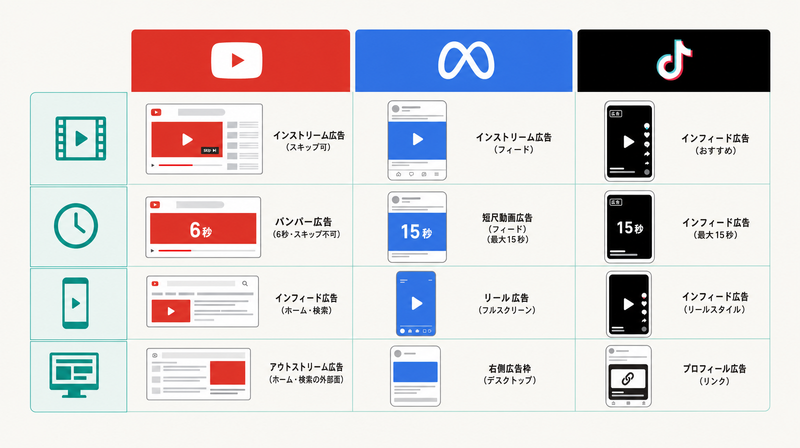 YouTube・Meta・TikTokの動画広告フォーマット比較図