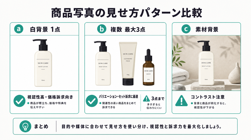 ECバナー商品写真の3パターン比較(白背景1点・複数商品・素材背景)の視認性比較図