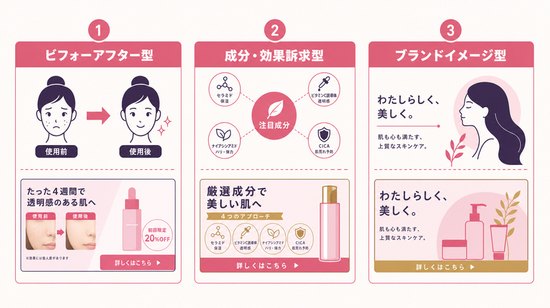 化粧品バナー広告の3大訴求パターン(ビフォーアフター・成分訴求・ブランドイメージ)の比較図