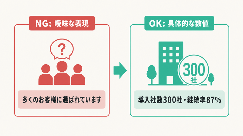 社会的証明を曖昧な表現から具体的な数値に変える改善例の図