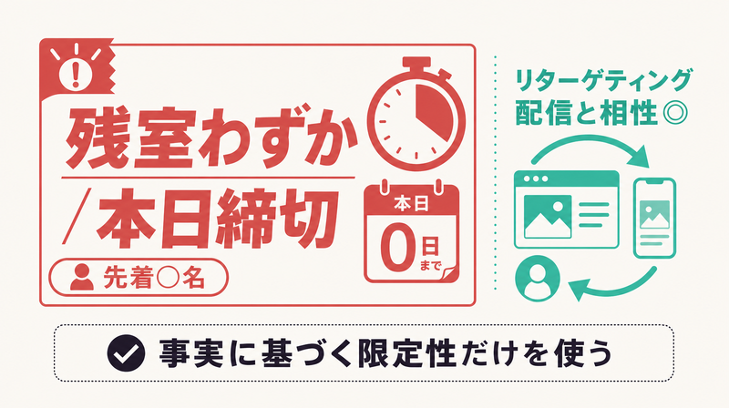 残室わずかや本日締切の緊急性を示しリターゲティングと組み合わせる緊急限定型バナーのお手本モックアップ