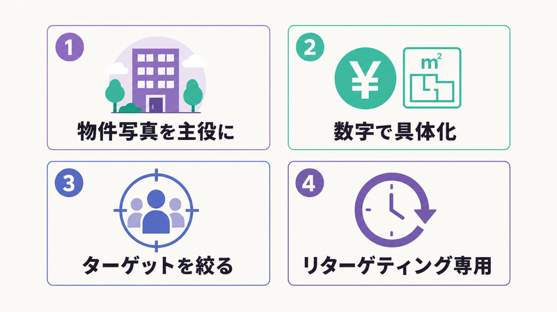 不動産バナー広告デザイン4原則(物件写真主役・数字具体化・ターゲット絞る・リターゲティング専用)の2×2グリッド図