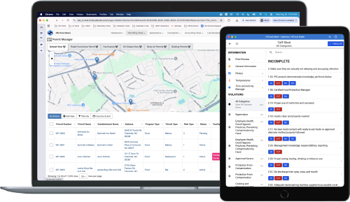 HS CloudSuite permit manager on a laptop beside the mobile inspection app on a tablet