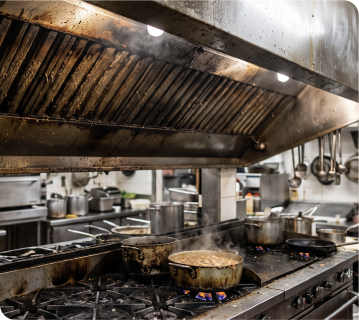 A commercial kitchen range under a greasy exhaust hood, pans steaming on the burners.