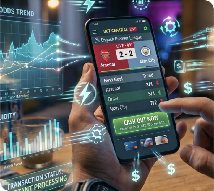 A hand holding a phone showing a live sports betting app over glowing odds charts.