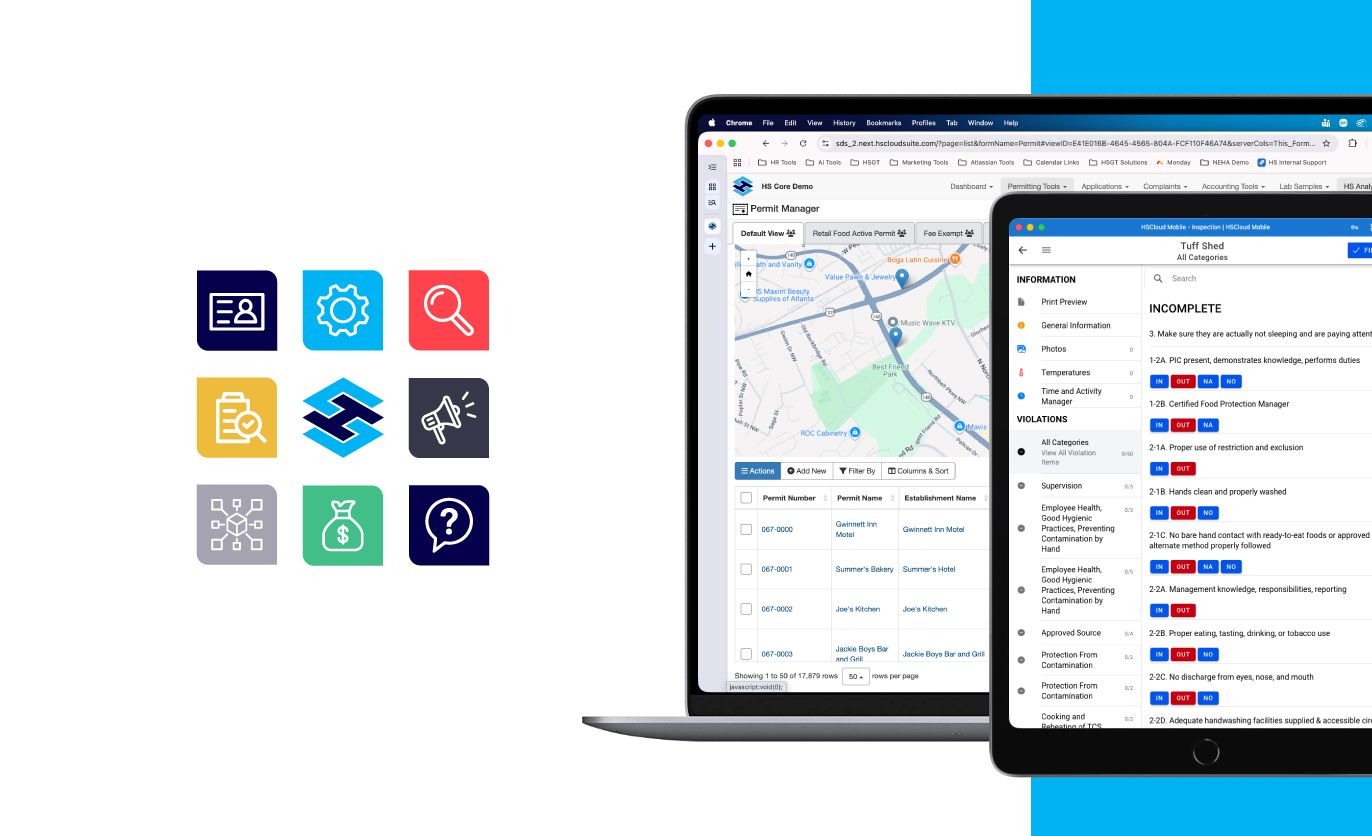 A 3x3 grid of colorful square software icons sits on the left, next to a laptop and a tablet displaying digital management interfaces on the right.