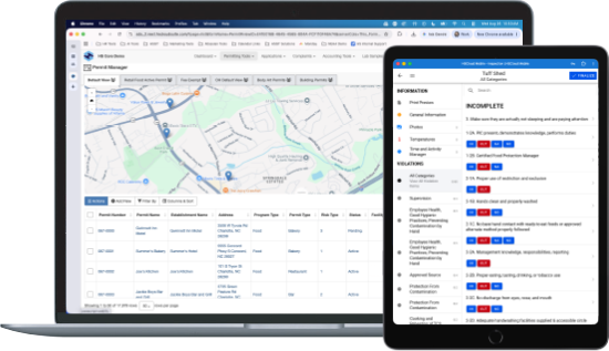 Image of HS CloudSuite on a laptop and mobile tablet with map capabilities, inspection status, and inspection records.