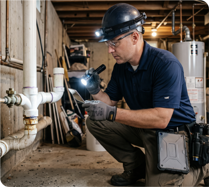 A code inspector in a hard hat and headlamp checking pipes and a water heater in a basement.