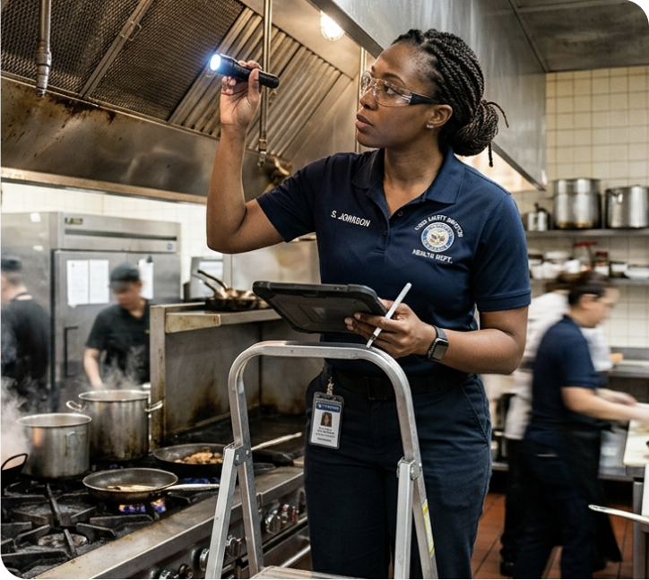 A health department inspector on a step ladder shining a flashlight into a kitchen exhaust hood, tablet in hand.