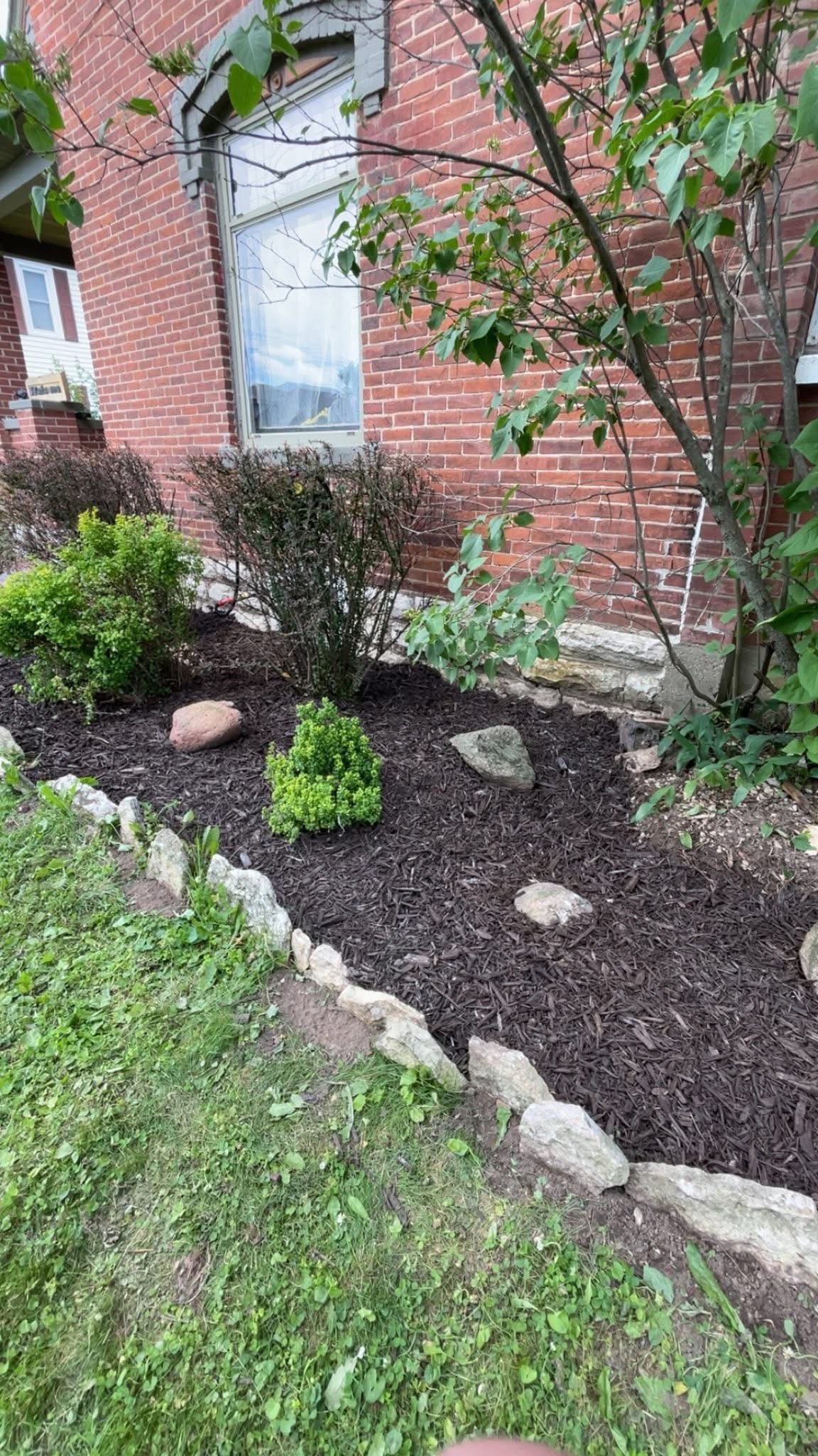 Fresh mulch and new planting beside a brick home