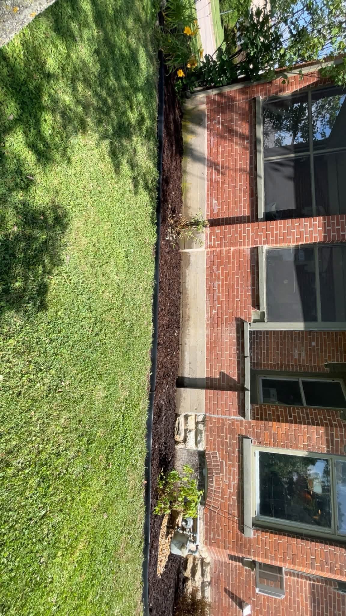 Lawn and landscape bed beside a brick home